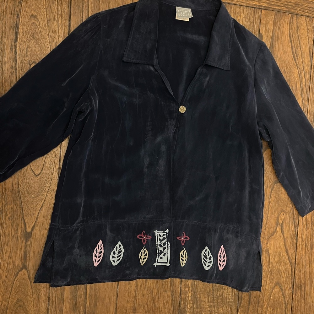Vintage Rabbit Rabbit Designs Navy Rayon Blouse Jacket USA Made Sz 16M 90s Boho
